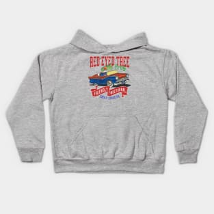 Funny and Cute Red Eye Tree Frog driving a classic vintage retro car with red white and blue banners tee Kids Hoodie